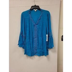 Counterparts Womens XL Blouse Teal Hawaiian Bell Sleeve Lace Trim Top Shirt